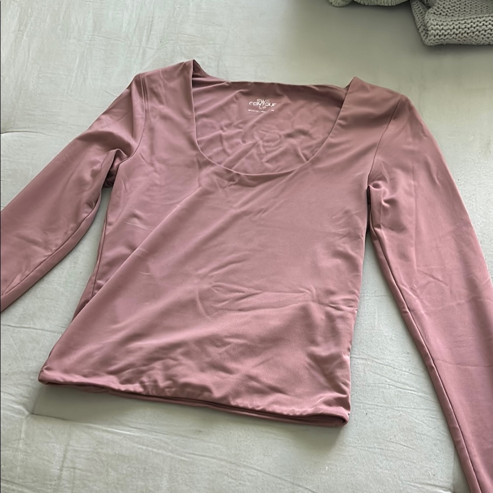 Pink Asymmetrical V-Neck Fitted Long Sleeve Blouse